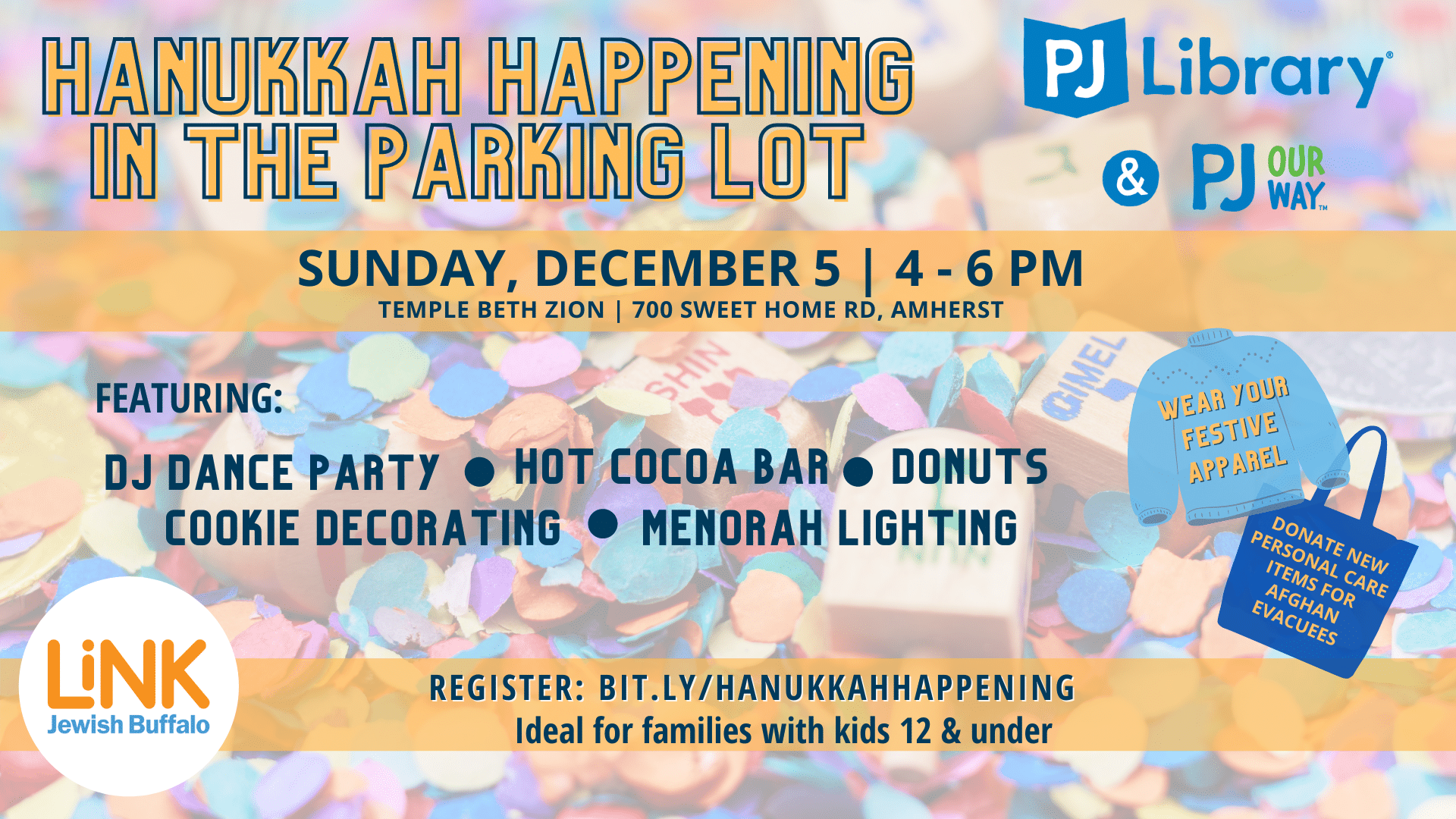 PJ Library & PJ Our Way Hanukkah Party - hanukah happening in the parking lot Facebook Event Cover