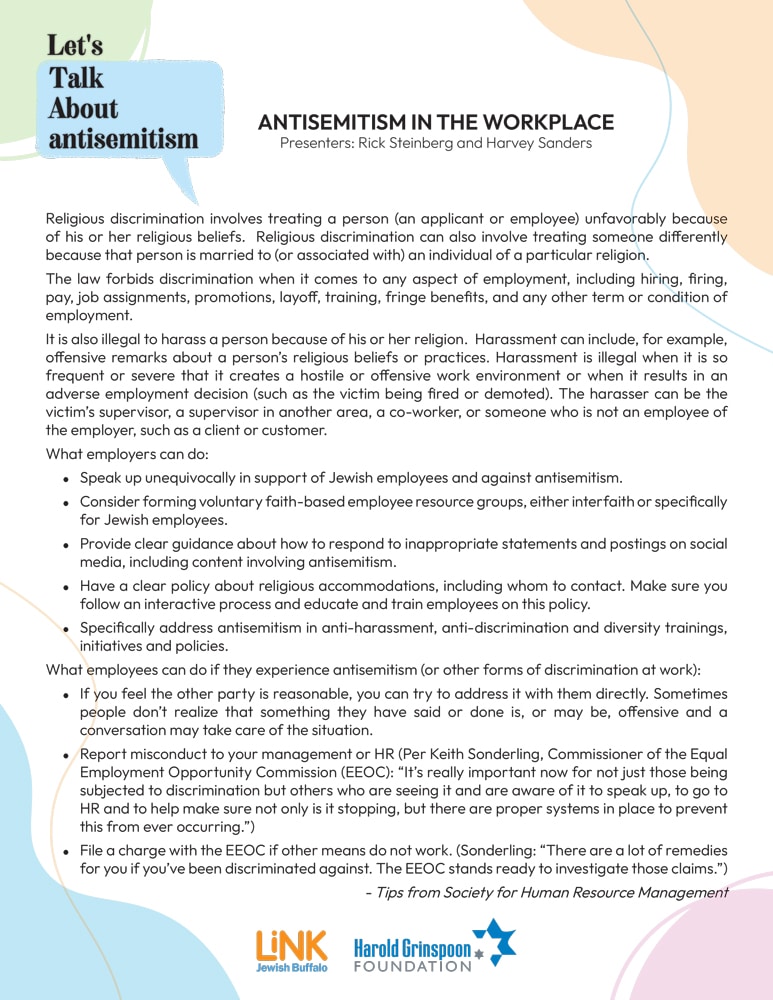 Addressing Antisemitism in Greater Buffalo - lets talk antisemitism in the workplace img